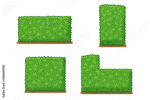 Green bush and hedge vector set for landscape design. Cartoon garden fence or privacy screen elements. Foliage border collection for park or outdoor spaces. Isolated on white.