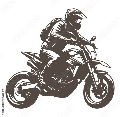 Silhouette of a motorcycle rider in gear riding a modern adventure or dirt bike on a trail
