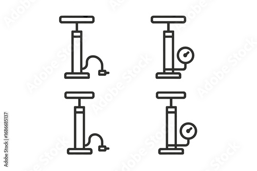 Bicycle pump icon set for repair and maintenance. Minimalist linear designs of air pumps with and without pressure gauge. Vector outline illustration for tire inflation tools.