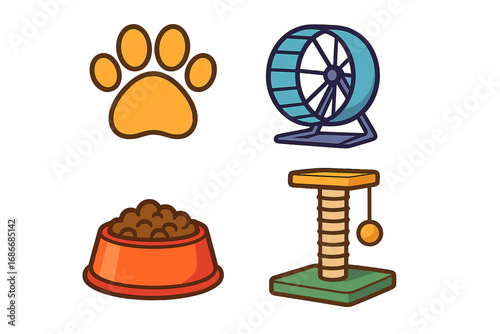 Pet care accessories icon set. Vector cartoon collection of pet shop supplies: cat scratching post, dog food bowl, hamster wheel, and paw print symbol. Flat design elements.