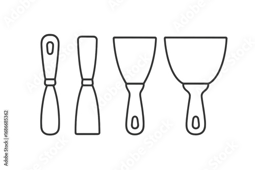 Minimalist line art set of putty knife variations. Vector icons for DIY, construction, and renovation. Spatula, scraper, and plastering tool collection for home improvement.