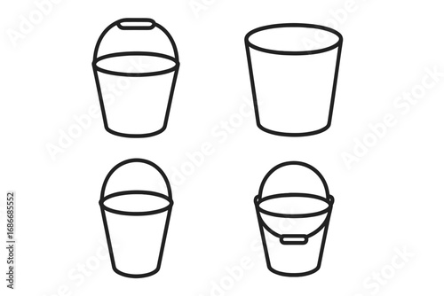 Bucket and pail outline icon set. Simple line art vector collection of containers for water, sand, or cleaning. Minimalist graphic design elements for web and print projects.