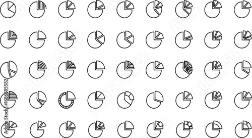 Collection of diverse hand-drawn pie chart icons representing data analysis and financial planning concepts vector