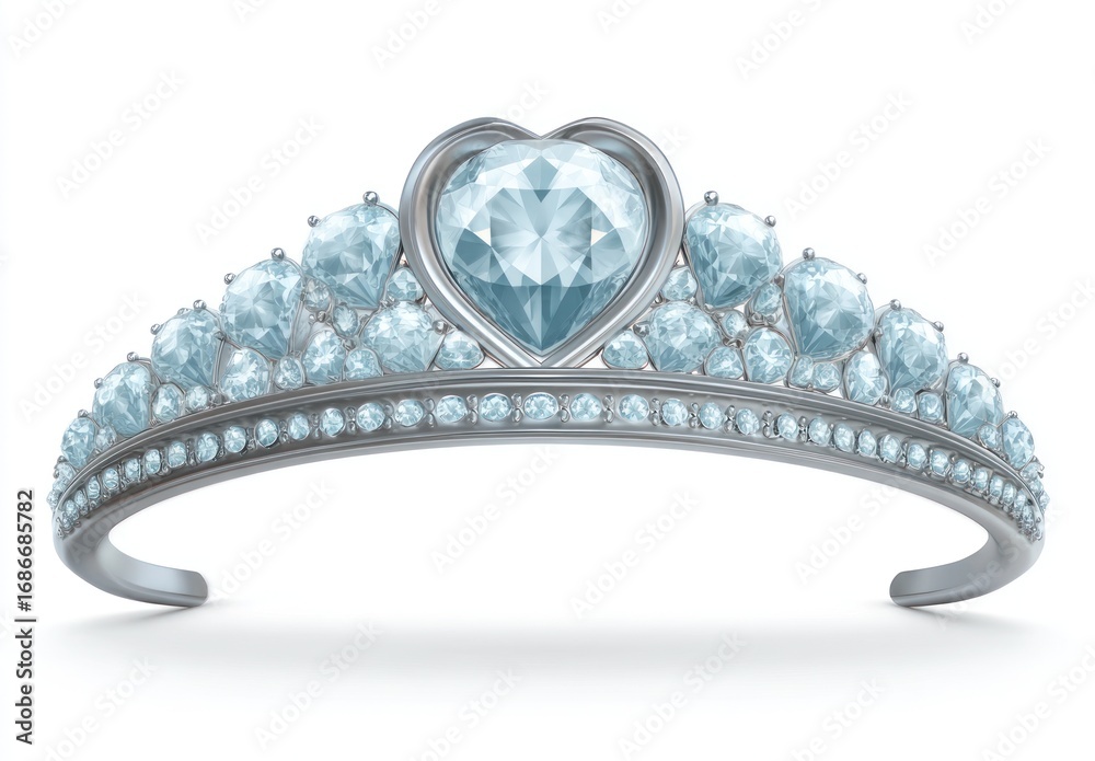 Obraz premium Shiny silver tiara with a large, heart-shaped, light blue gem as a centerpiece, and smaller gems lining the rest of the band, on a white backdrop