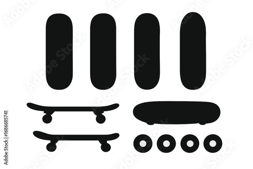 Skateboard silhouette vector set. Minimalist black icons of skate decks, boards, and wheels for street sport design. Extreme urban hobby graphic element collection isolated.