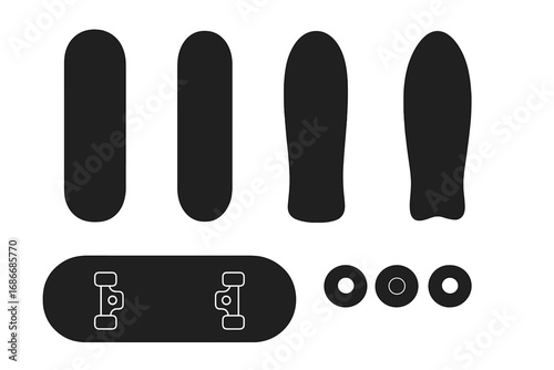 Collection of minimalist skateboard silhouettes. Includes various deck shapes, longboard, and wheels. Vector icons for skateboarding, urban lifestyle, and extreme sport design.
