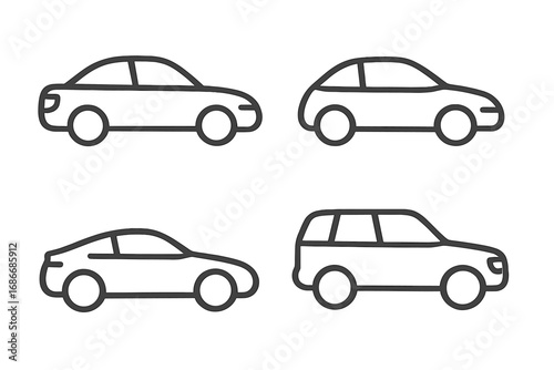 Car icon set outline style. Vehicle transport symbol. Auto sign collection. Automobile line art. Sedan, suv, coupe. Minimal traffic pictogram. Simple shape for logo design vector.
