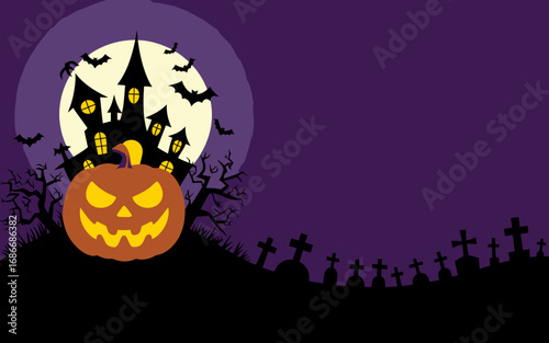 Halloween night scene with a spooky castle, pumpkin, bats, and graveyard.