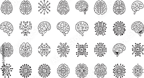 Collection of abstract brain circuitry and neural network icons representing intelligence and technology vector