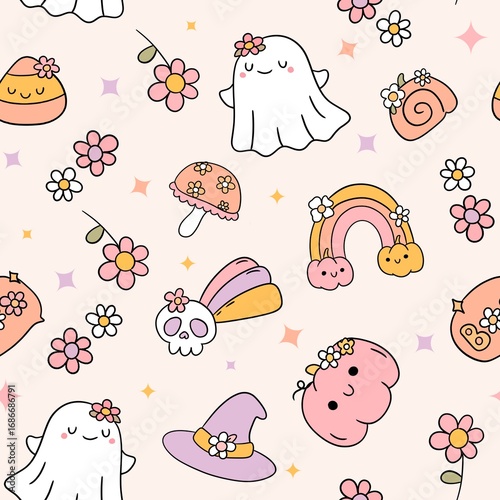 Seamless Cute Halloween Pattern with Ghosts, Mushrooms, Skulls, and Rainbows on Light Beige Background – Playful Cartoon Design for Children’s Festive Decor, Stickers, and Seasonal Merchandise
