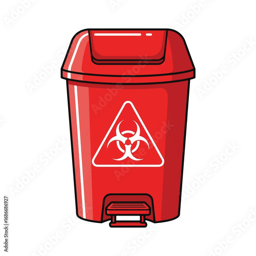 Red biohazard waste bin with a foot pedal and a white warning symbol, depicted as a vector illustration isolated on a white background.