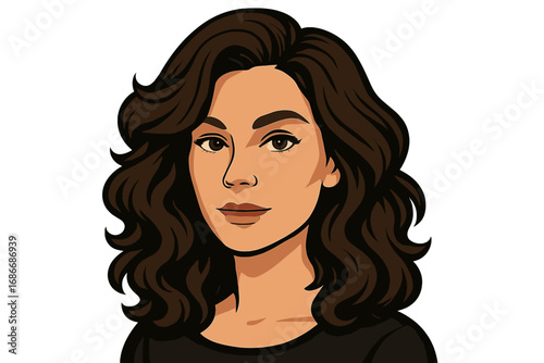 Elegant portrait of a woman with voluminous wavy brunette hair, subtle makeup, and neutral background, vector cartoon illustration, beauty, fashion, hairstyle, facial expression