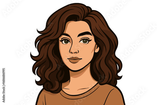 Portrait of a confident woman with voluminous wavy brunette hair and subtle makeup, neutral background, vector cartoon illustration, stylish beauty concept