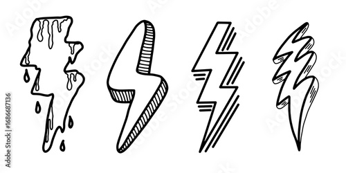 set of hand drawn vector doodle electric lightning bolt symbol sketch illustrations. thunder symbol doodle icon.