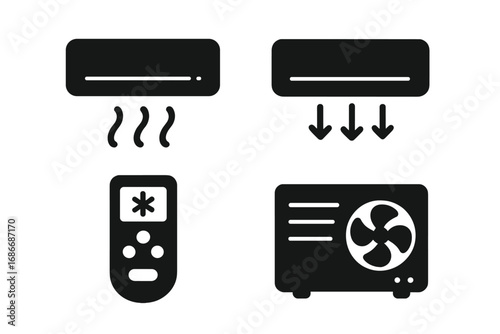 Set of minimalist black silhouette air conditioner icons with remote control and outdoor unit, vector cartoon illustration with transparent background, HVAC symbols collection