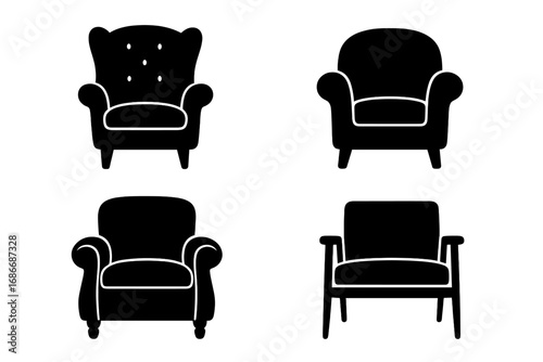 Classic black armchair silhouettes set with varied vintage and modern designs, stylish furniture icons collection on white background, vector cartoon illustration set, transparent background