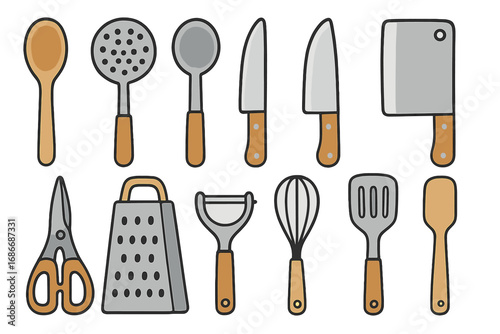 Set of kitchen utensils and cooking tools icons. Vector cartoon collection of isolated kitchenware. Flat design illustration. Spoon, knife, spatula, whisk, grater, peeler.