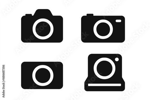 Set of minimalistic black camera silhouettes, vector icons with transparent background, simple flat design for photography, technology, media, social media, and creative projects