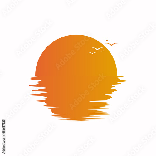 Simple a sunset over water with smooth reflections and birds in the sky