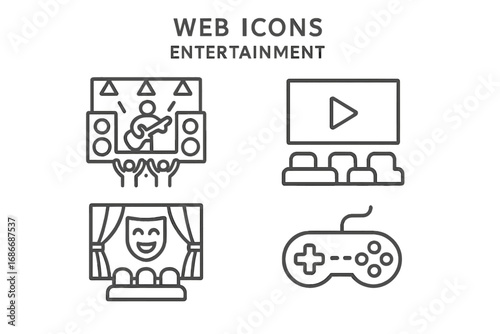 Set of Line Style Web Icons Representing Entertainment Venues and Activities Including Concert, Cinema, Theater, and Gaming for Online Use Vector Cartoon Illustration