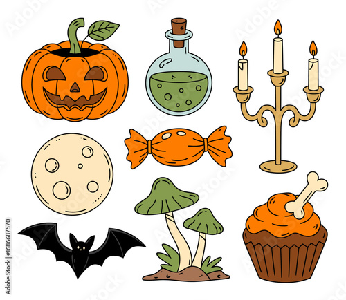 A collection of Halloween-themed illustrations featuring a carved pumpkin, potion bottle, and other spooky elements.