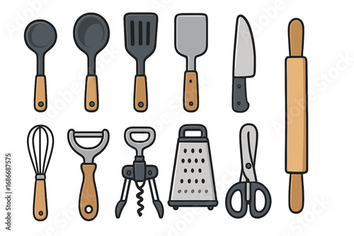 Cooking utensils and kitchen tools vector icon set. Minimalistic cartoon illustration of ladle, spatula, knife, rolling pin, whisk, peeler, grater, and corkscrew.