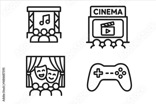 Set of black line style vector icons representing various entertainment venues and activities including concert, cinema, theater, and gaming. Modern cartoon illustration for online use.