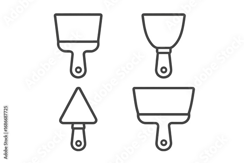 Set of minimalist putty knife icons in simple outline style, vector cartoon illustration with transparent background, ordered set of painting tools, home improvement and construction design elements