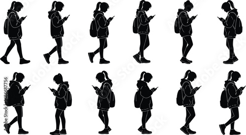 Silhouette Vector of Girl Walking with Smartphone and Backpack – Student Mobile Addiction Concept