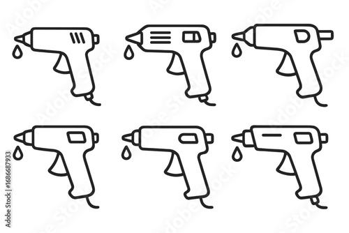 Set of Six Linear Hot Glue Gun Icons for Crafting, DIY Projects, and Creative Work. Vector Cartoon Illustration with Transparent Background. Collection of Craft Tool Symbols.