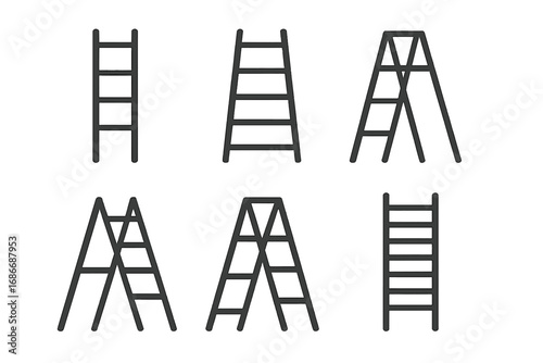 Set of six minimalist ladder icons in monochrome style, vector cartoon illustration on transparent background, ordered collection of simple ladder designs for construction and home use