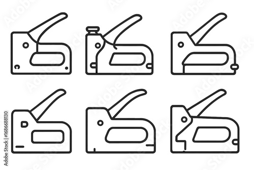 Set of six black outline staple gun icons, simple vector cartoon illustrations with transparent background, ordered tool collection, handyman, office, construction staple gun designs