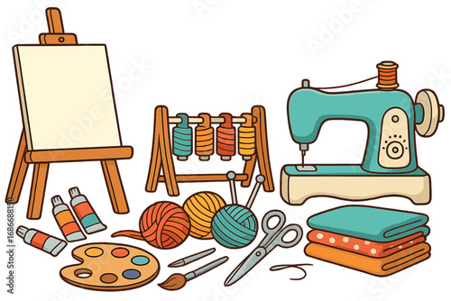 Collection of crafting and hobby tools for DIY projects. Vector set with sewing machine, fabric, thread, yarn, knitting needles, scissors, easel, canvas, paints and brushes.