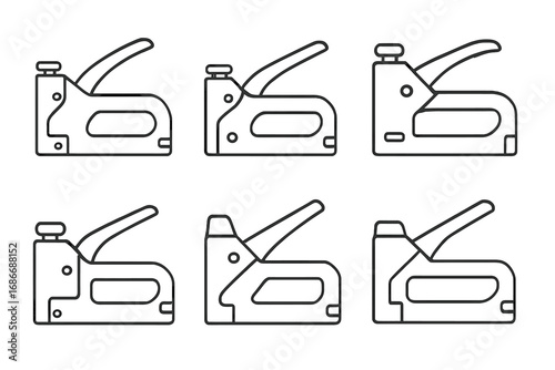 Set of six staple gun icons in simple black outline style vector illustration with transparent background, ordered collection of cartoon tools for construction and office use