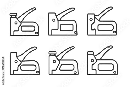 Set of six black outline staple gun icons, simple vector illustration, cartoon style tools collection for construction, office, upholstery, repair, DIY projects, transparent background