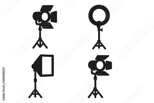 Silhouette studio lights icons set, vector cartoon illustration with transparent background, photography lighting equipment collection, cinema and video lighting symbols
