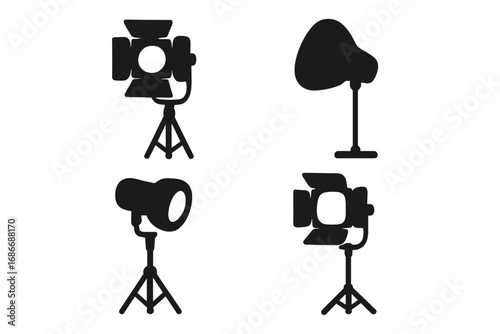 Set of professional studio lighting equipment icons in silhouette style, vector cartoon illustration with transparent background, includes spotlights, softbox, and photo lights in ordered set