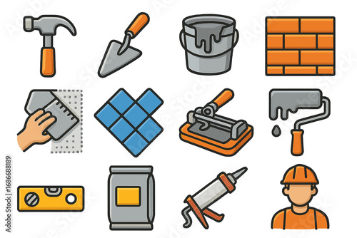 Set of Construction and Tiling Tools Icons. Cartoon Vector Illustration of Hammer, Trowel, Paint Bucket, Brick Wall, Tile Cutter, Level, Grout, Caulking Gun, Worker. Transparent Background.