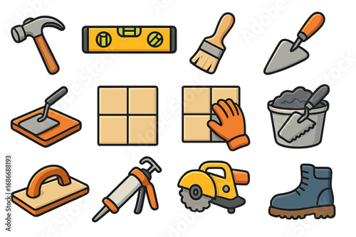 Set of colorful vector icons illustrating diverse construction, tiling, and masonry tools and activities, cartoon style with transparent background, organized toolkit collection
