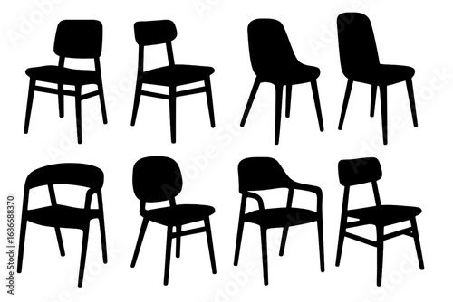Silhouette collection of modern dining chairs with transparent background, minimalist vector set, contemporary seating designs, home decor, furniture silhouettes, stylish chair illustrations