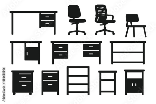 Silhouette collection of minimalist office furniture icons including desks, chairs, drawers, and shelves. Vector cartoon illustration with transparent background. Ordered set of workspace essentials.