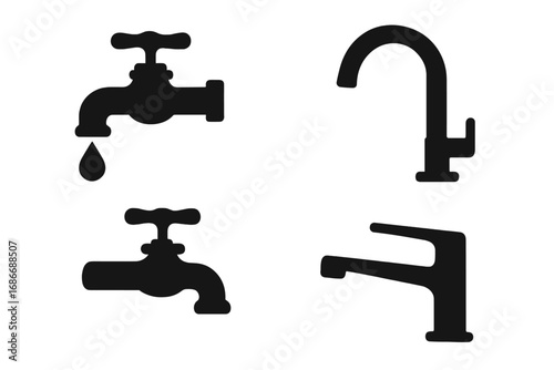 Silhouette faucet icons dripping and modern water tap set, vintage style and sleek contemporary faucet illustrations, plumbing vector symbols on transparent background, ordered set for design