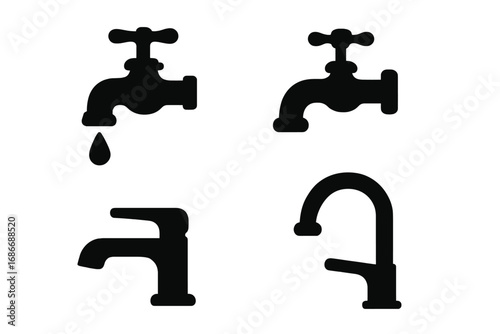 Silhouette Faucet and Water Tap Icons Set, Dripping and Modern Designs, Vector Cartoon Illustrations with Transparent Background, Ordered Collection for Plumbing and Water Themes