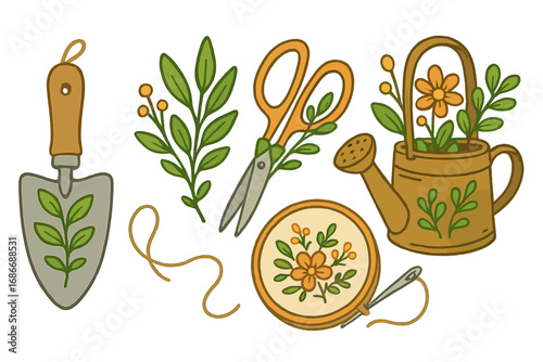 Gardening and embroidery hobby set. Vector illustration collection of craft tools. Includes watering can, trowel, plant, scissors, needle and thread for creative leisure activities.