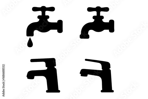 Silhouette faucet icons dripping and modern water taps set, vector cartoon illustration with transparent background, ordered collection of vintage and contemporary plumbing faucet designs