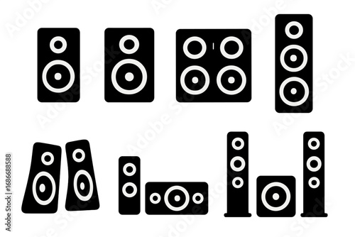Silhouette Icons of Audio Speakers in Various Designs and Arrangements, Vector Cartoon Illustration with Transparent Background, Ordered Set of Sound System Elements