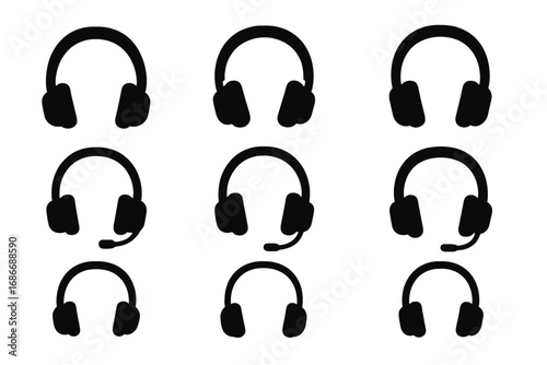 Silhouette headphone icons collection in minimalist design, vector cartoon illustration with transparent background, ordered set of headset and mic symbols for digital and tech usage
