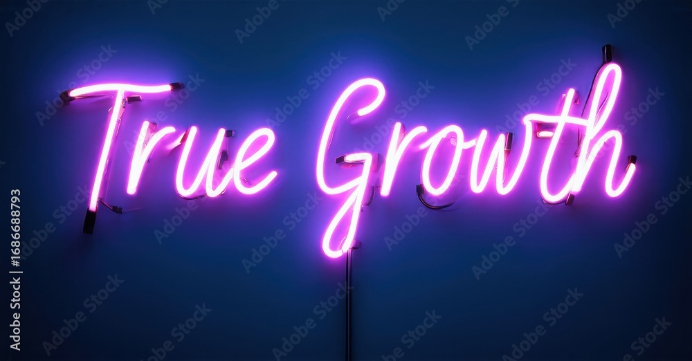 Bright pink neon sign displays words True Growth against dark blue background. Simple, modern aesthetic. Inspiring message.