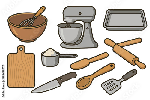 Kitchen utensils for cooking and baking icon set. Vector cartoon illustration of culinary equipment. Collection with stand mixer, whisk, bowl, rolling pin, and cutting board.