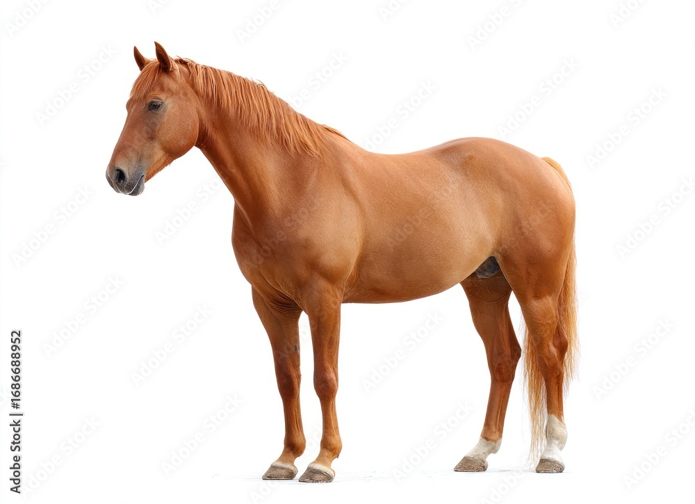 Fototapeta premium A chestnut horse stands isolated on a white backdrop, its coat gleaming under unseen light, showcasing its muscular build and noble stance